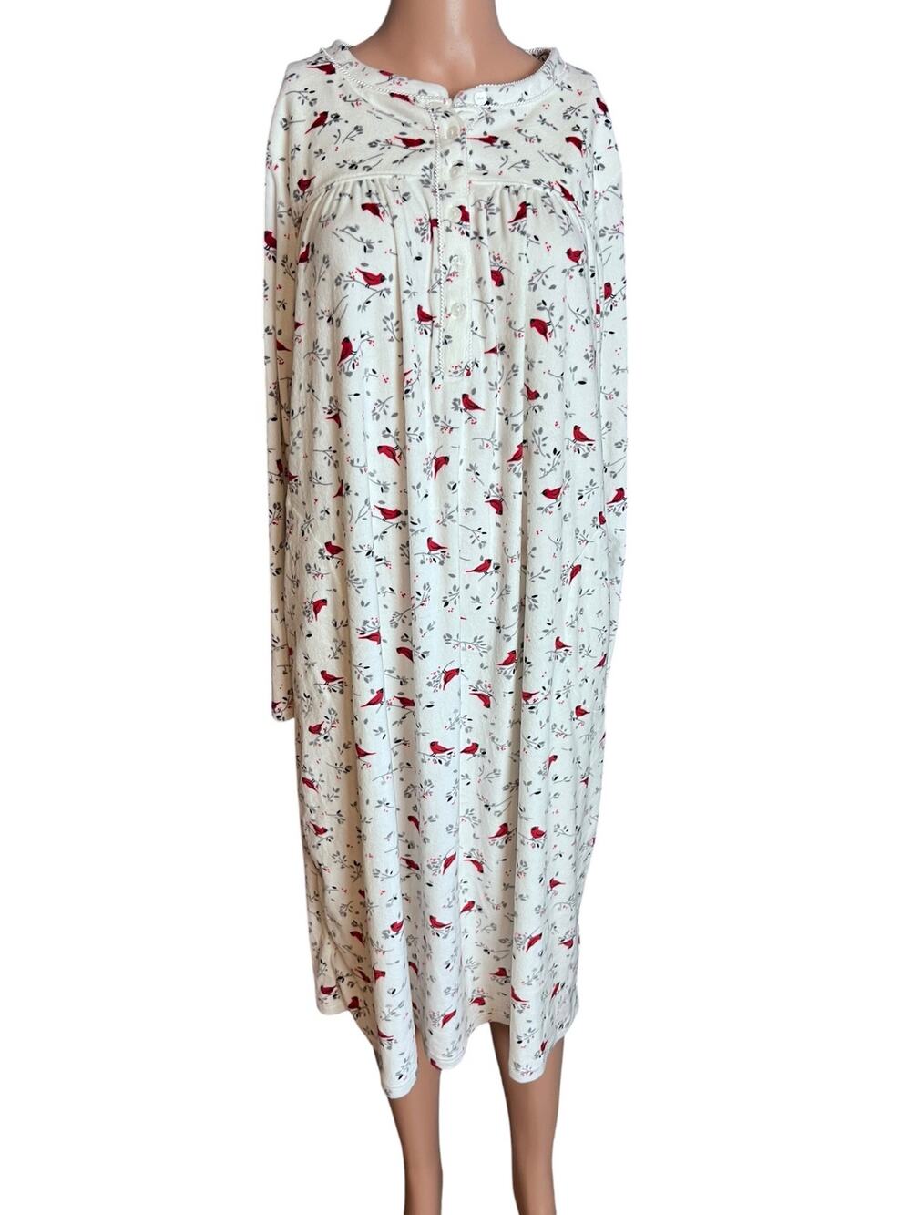 Aria Collection Fleece Nightgown Women M Cardinal Bird Print Long Sleeve Cozy